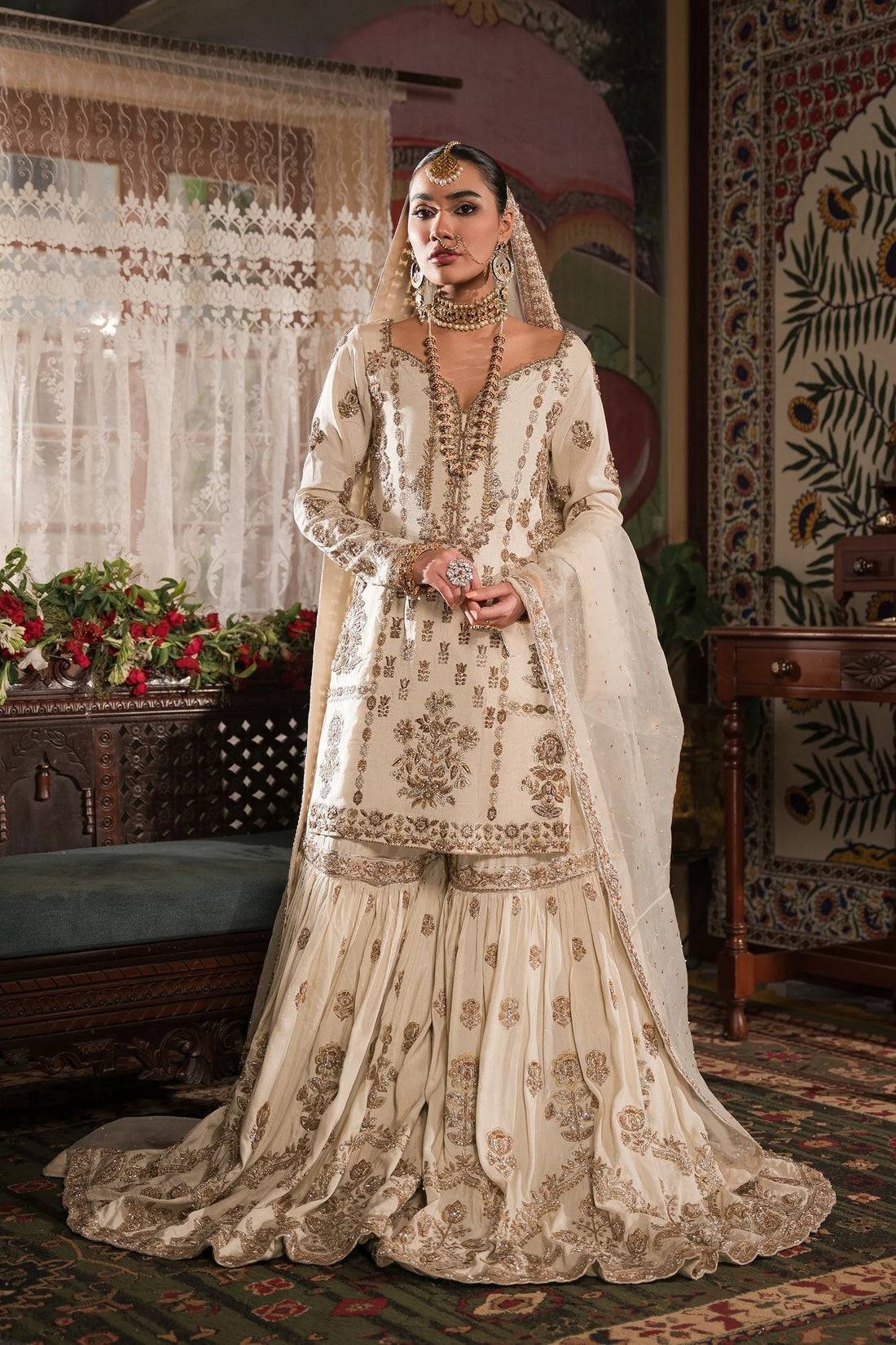 Ivory and Gold Gharara Set with Light Dupatta - BRIDAL